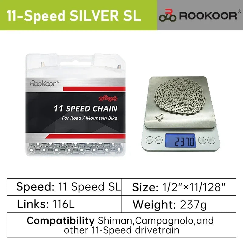 Rookoor Bicycle Chain 6 7 8 9 10 11 Speed Velocidade Titanium Plated TI Gold Silver Mountain Road Bike MTB Chains Part 116 Links