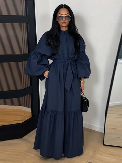 Casual Women Dress Belt Cinched Waist Long Sleeve High Collar Solid Single Breasted Female Dress Chic Lady Commute Summer 2026