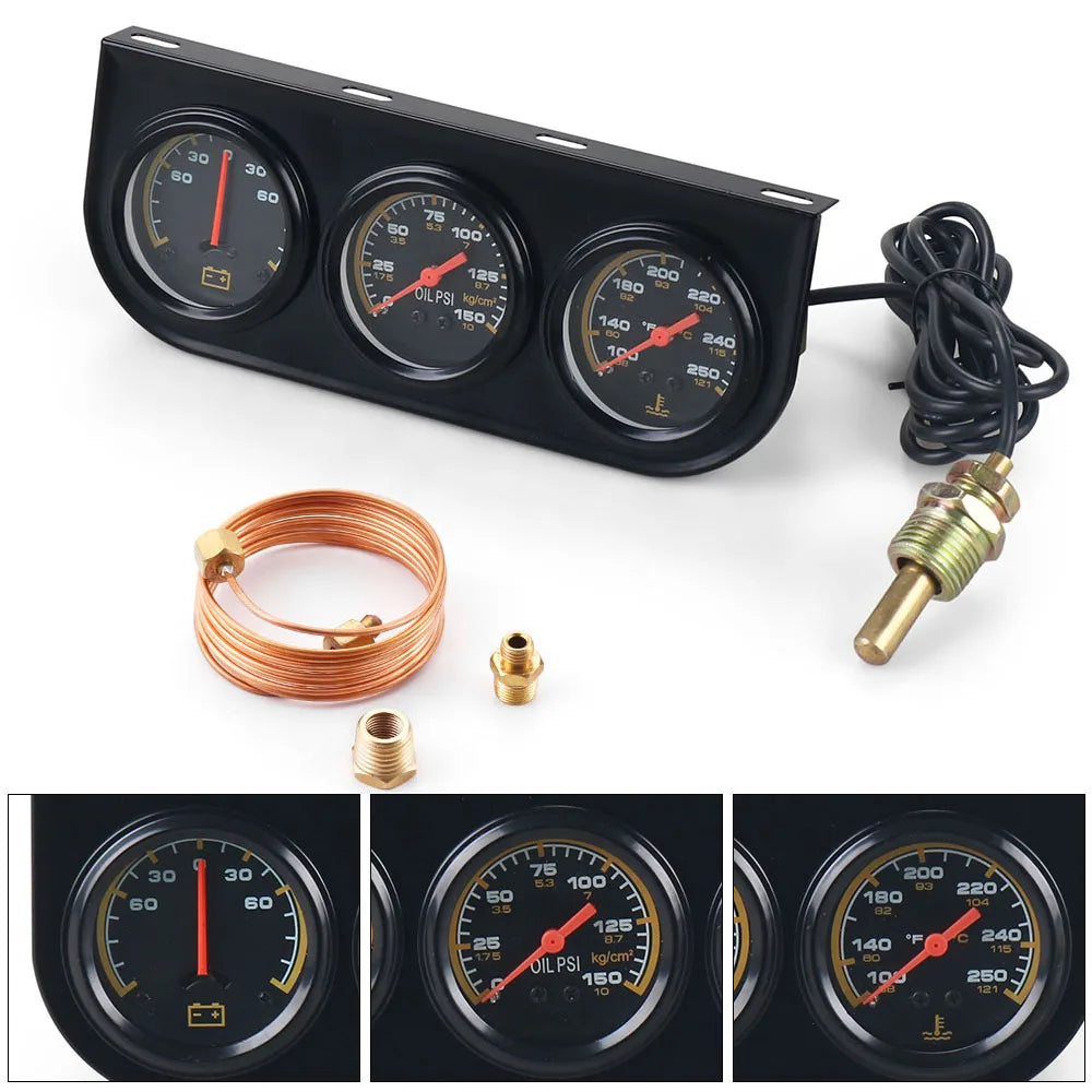 3 in1 Water Temp Gauge 52MM Oil Pressure Gauge AMP Volt Meter 12V Kit Car Mechanical Triple Gauge With Sensor