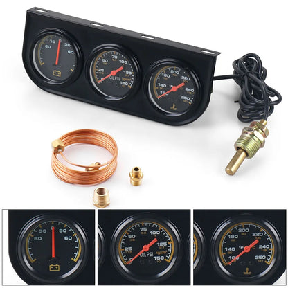 3 in1 Water Temp Gauge 52MM Oil Pressure Gauge AMP Volt Meter 12V Kit Car Mechanical Triple Gauge With Sensor