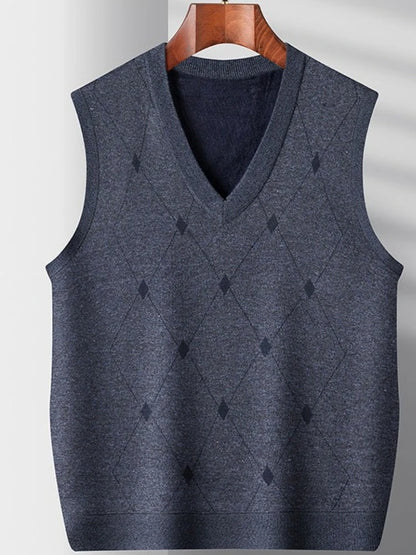 Korean Style Fashion High Quality Men's Argyle Knitted Vest Autumn Winter Fleece Lined Thickened Middle Aged Casual Waistcoat