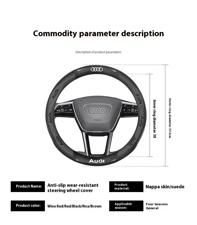 Car AntiSlip Carbon Fiber Leather Steering Wheel Cover, Audi A3 A4 A5 A6 A7 A8 Q1 Q2 Q3 Q5 Q7 Q8 S3 S4 S5 S6 RS3 RS4 RS5 TT