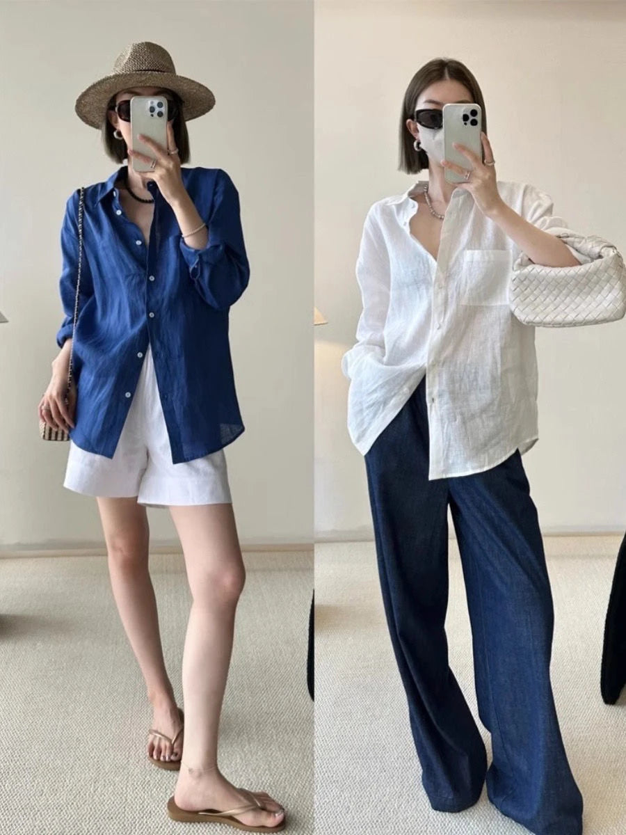 White Linen Cotton Blend Long Sleeve Shirt Women Summer Thin Loose Style Sun Protection Top Casual Commute Fashion  Collar