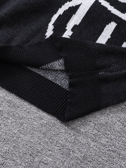Autumn and Winter Abstract Kitten Jacquard Pattern Pullover Sweater Casual Round Neck Knitted Men's Pullover