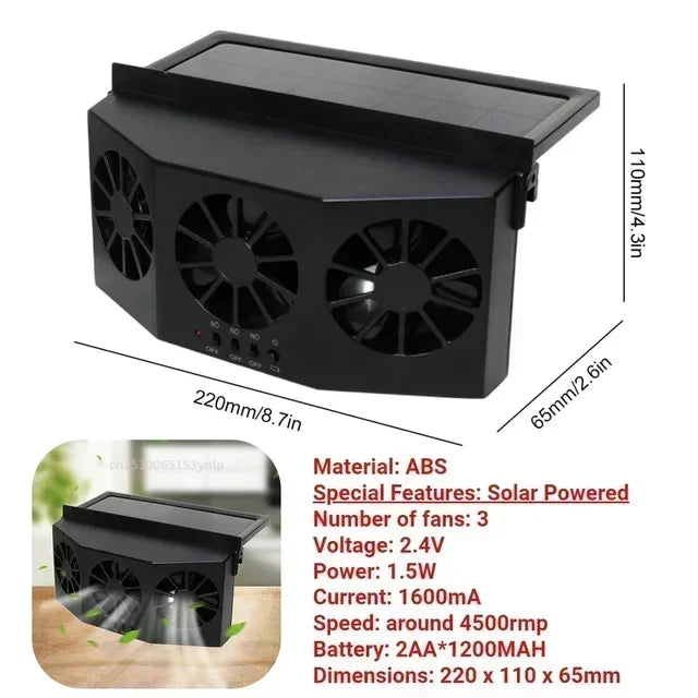 3 Head Car Exhaust Fan USB Rechargeable Solar High Wind Power Air Circulation Cooling Heat Dissipation Universal Fit All Cars