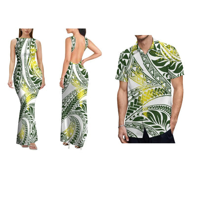 Summer Comfortable And Soft Fabric Couple'S Dress Women'S Dress Floral Design Backless Sleeveless Long Fitted Dress Men'S Shirt
