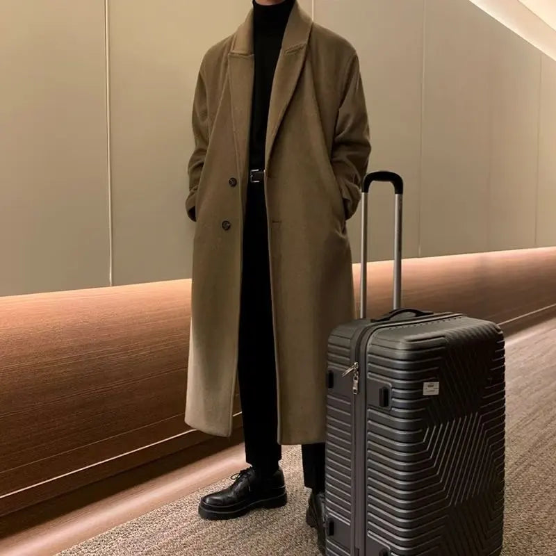 Lapel Men's Long Woolen Coat, Korean Midi-length Trench Coats, Solid Color Classsic Mans Winter Jacket