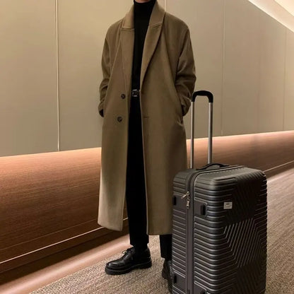 Lapel Men's Long Woolen Coat, Korean Midi-length Trench Coats, Solid Color Classsic Mans Winter Jacket