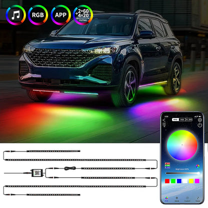 Flowing Color RGB LED Strip Under Car Neon Light 60*150 90*180 BT App Control Car Products 6PCS Waterproof Car Accessories 12V