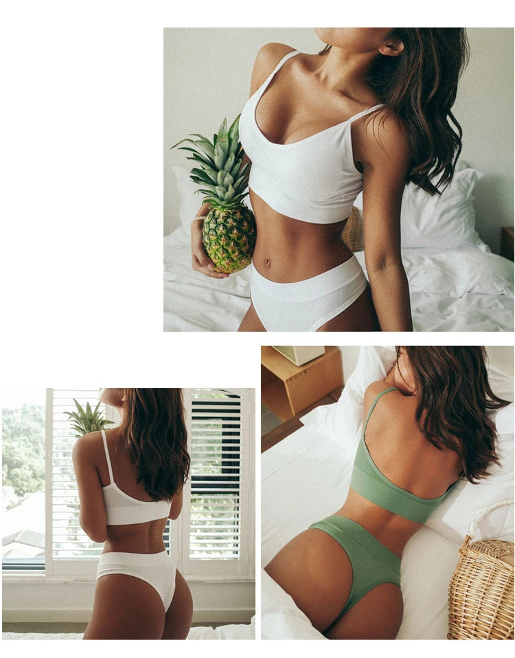 Seamless Bra Set for Women, Wire Free V-Neck Bralette with Low Waist Panties, Soft Cotton Sexy Lingerie Underwear Set