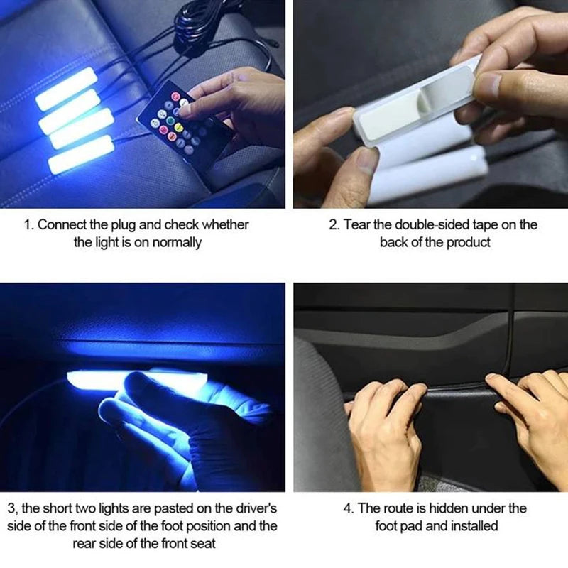 LED Car Interior Ambient Foot Light Kit With USB Cigarette Lighter Backlight Remote App Music Control Auto RGB Decorative Lamp