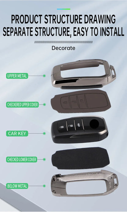 Zinc Alloy + PU Leather Car Key Case Cover For 2019-2025 Land Cruiser Highlander Camry Sienna Venza Hilux Fortuner Corolla Prius