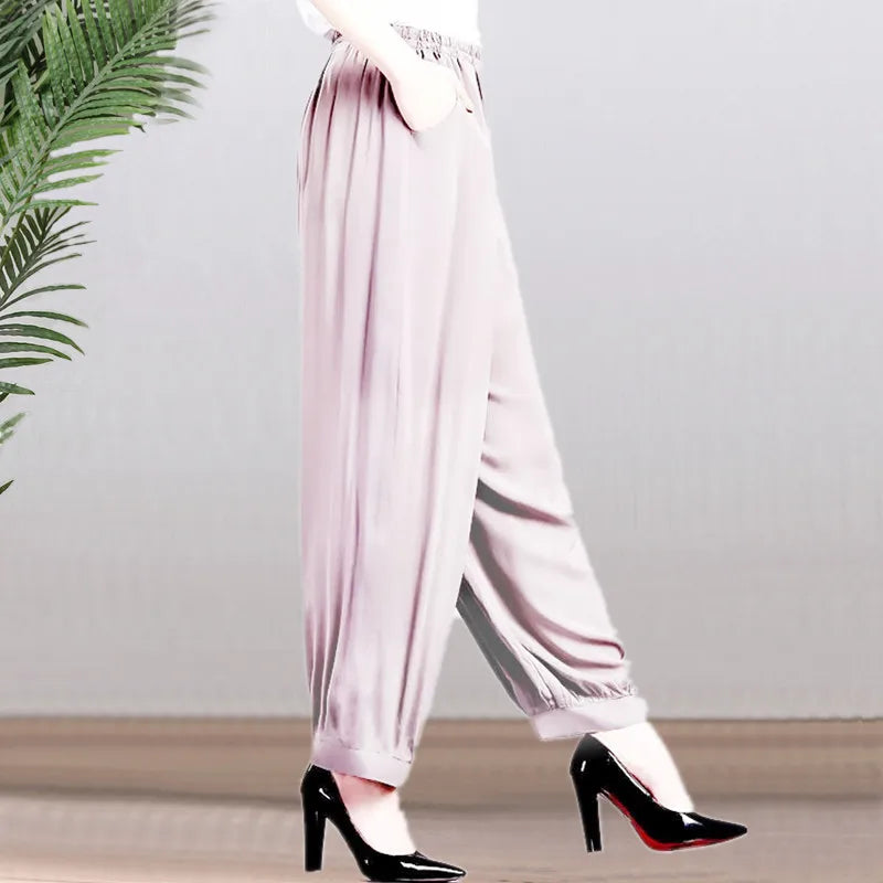 High Waist Lantern Pants Casual Cotton Silk Large Size Printed Long Trousers for Middle-Aged And Elderly Women