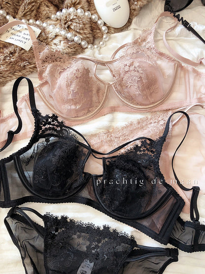 Sexy Hollow Women Underwear Lace Floral Embroidery French Ultra Thin Cup Push Up Bra Set Adjustable Strap Brassiere Panties Sets