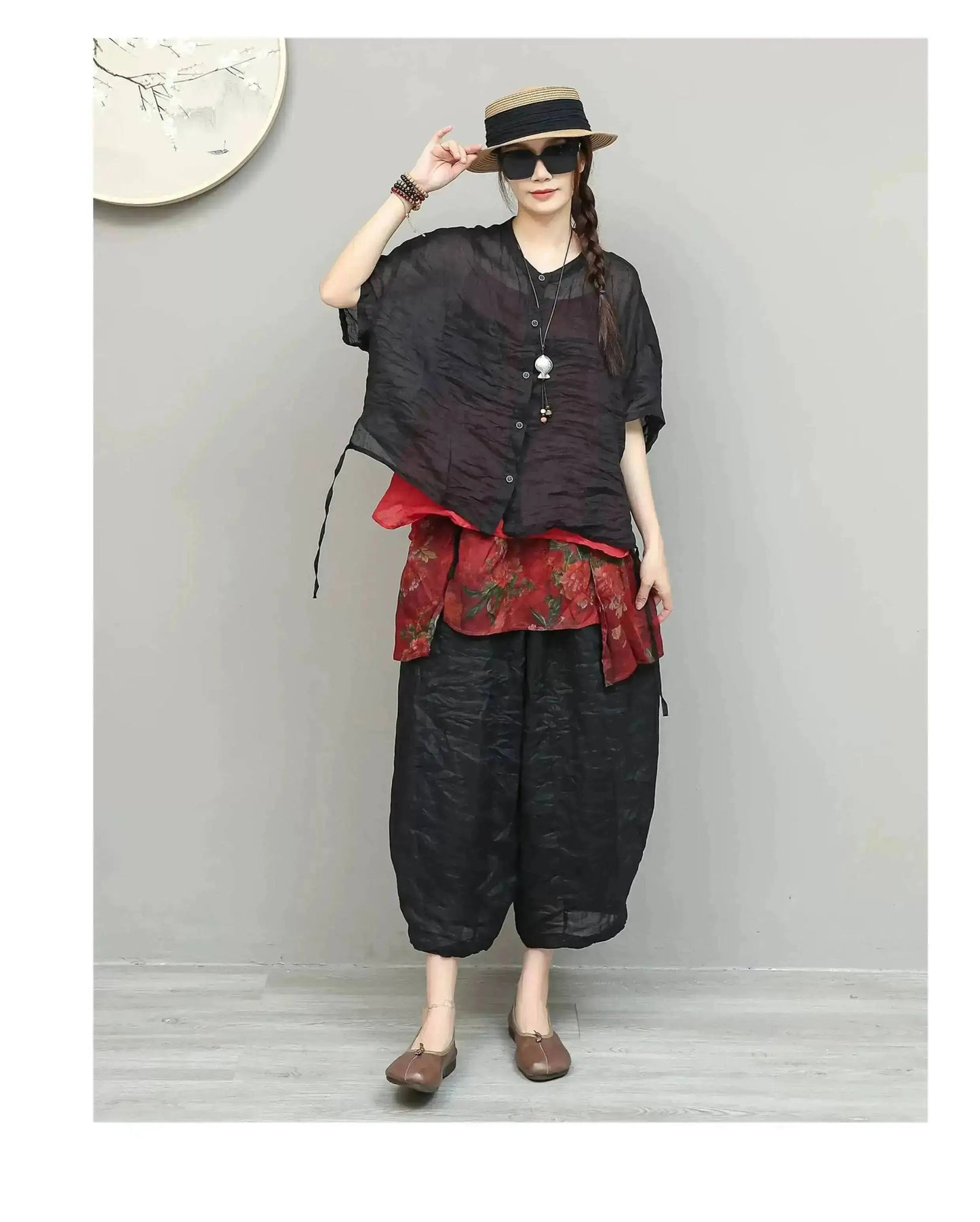 Lightweight Ramie Pant Women Summer Loose Wide-leg Cropped Pants Black LX5765