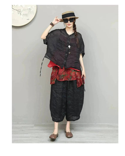 Lightweight Ramie Pant Women Summer Loose Wide-leg Cropped Pants Black LX5765