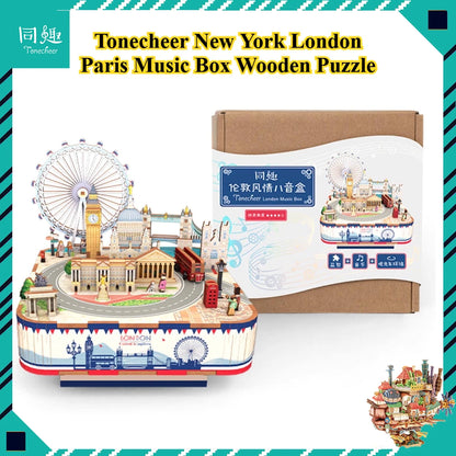 New Tonecheer New York London Paris Music Box Wooden Puzzle Blocks Diorama Model Kit 3D Wooden Doll Decoration Toy Birthday Gift