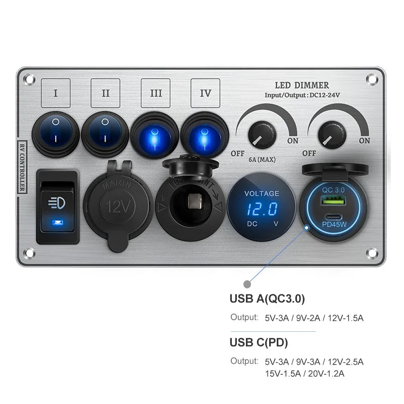 Toggle Switch Multi-Functions Silver Aluminum Panel LED Dimmer Switch 12V 24V for RV Dual Port USB QC3.0  Cigarette Lighter