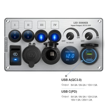 Toggle Switch Multi-Functions Silver Aluminum Panel LED Dimmer Switch 12V 24V for RV Dual Port USB QC3.0  Cigarette Lighter