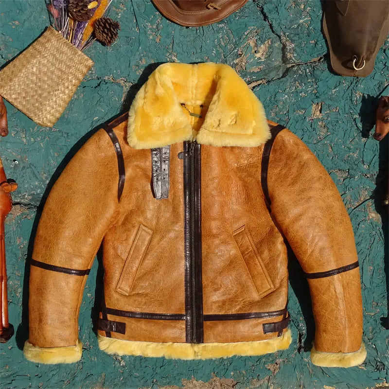 Rare Amber Caramel Color Top-Grain Lambskin Leather Integrated Leather Jacket B6 Style Flight Jacket Warm and Cold-Resistant 5XL