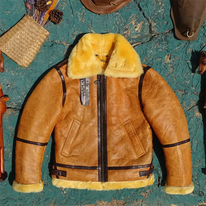 Rare Amber Caramel Color Top-Grain Lambskin Leather Integrated Leather Jacket B6 Style Flight Jacket Warm and Cold-Resistant 5XL