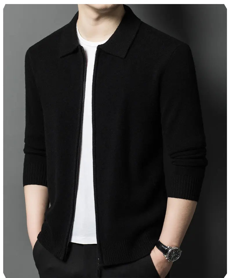 Spring and Autumn Pure Cashmere Cardigan Men's New Casual Lapel Solid Color Zipper Men's Thickened Sweater Jacket