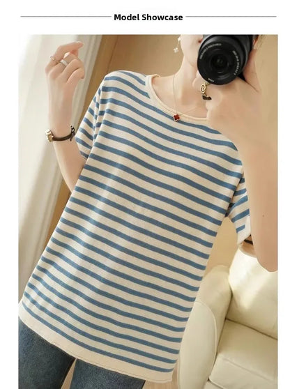 100% Pure Cotton Summer Stripe Short Sleeve T-Shirt Women Loose round Neck Vest Cotton Linen Half Sleeve Commute Style Simple