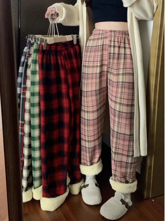 Lamb Velvet Fce Lined Thi Plaid Casual Pants Women's Autumn Winter Loose Straight Leg Wide Leg Cotton Spwear Trousers