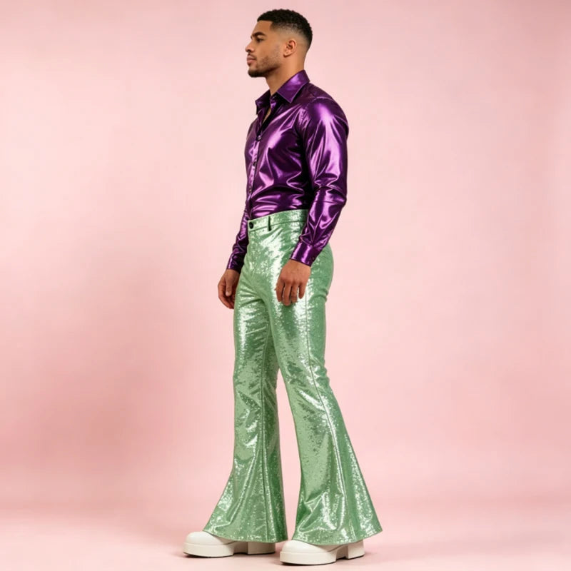 Men's Sequin Flare Pants High Waist Sparkly Bell Bottom Trousers Shiny Glitter Stretchy Breathable for Stage Performance Party