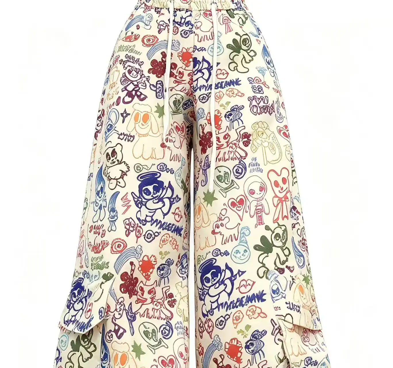 Y2K Cartoon Graffiti Wide Leg Pants - Colorful Print Drawstring High Waist Loose Streetwear Trousers for Women