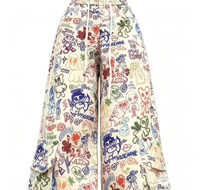 Y2K Cartoon Graffiti Wide Leg Pants - Colorful Print Drawstring High Waist Loose Streetwear Trousers for Women