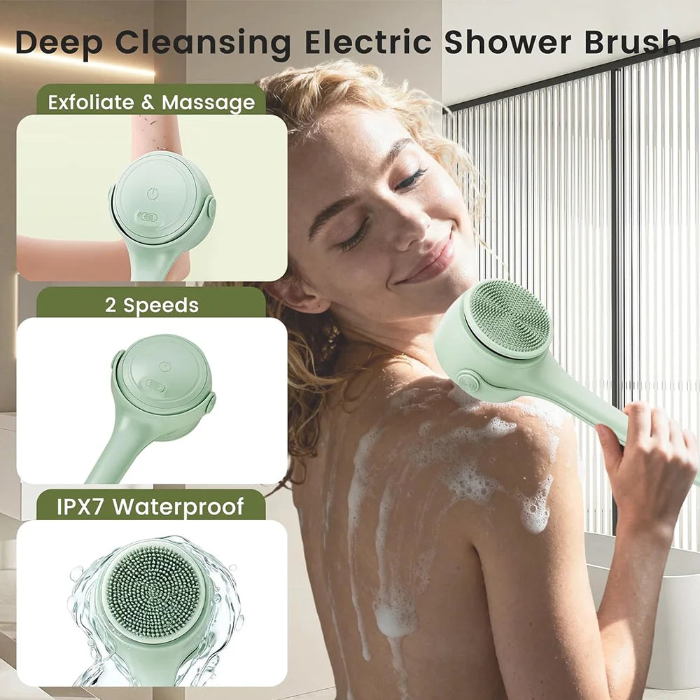 Electric Silicone Bath Brush with Long Handle - Deep Cleaning Massage Bath Brush for Shower Skin Care Body Cleaning