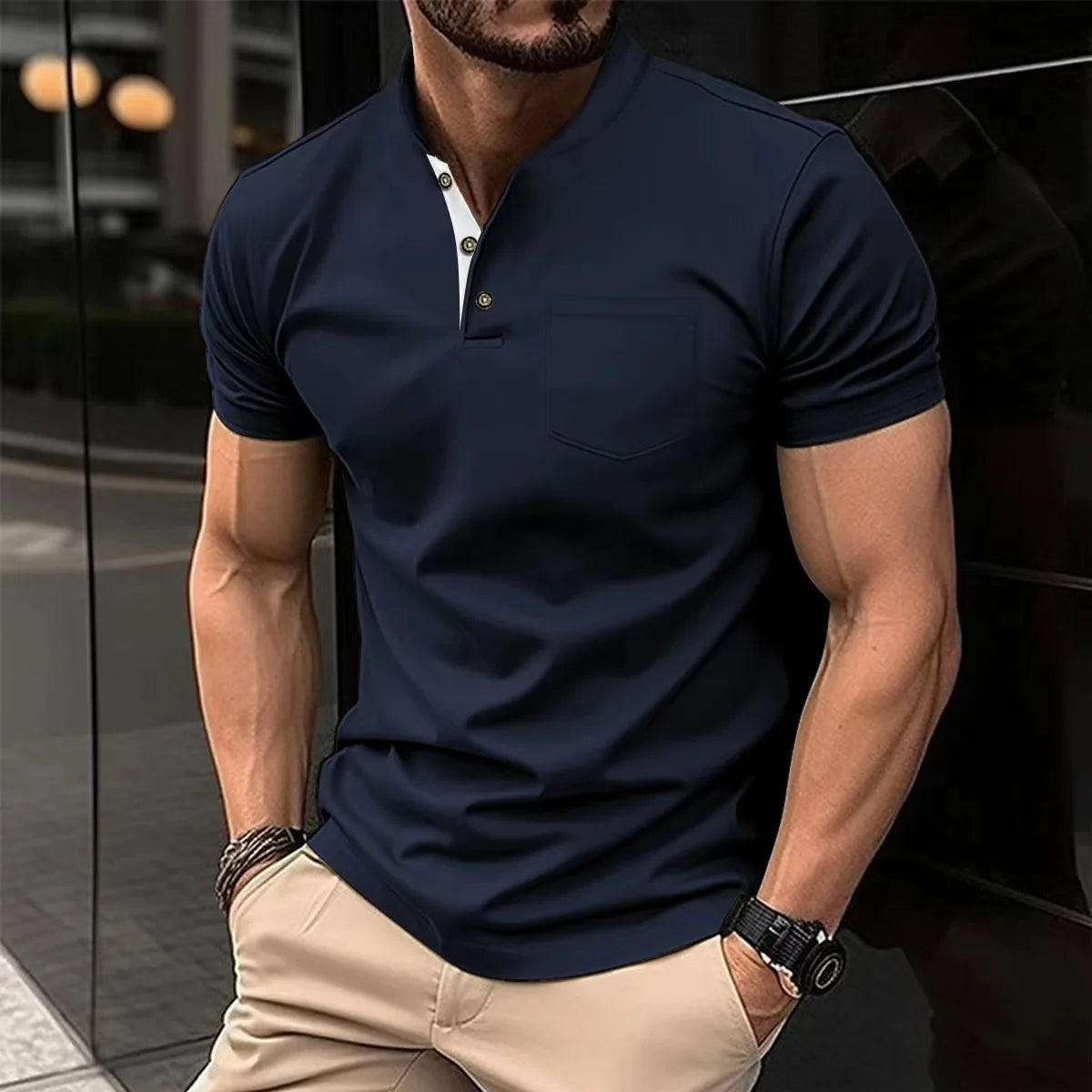Men's Casual Shirt V-Neck Button Up Versatile Color Lapel Button T-Shirt Polo Shirt for Men Casual Streetwear Summer Cool Wear