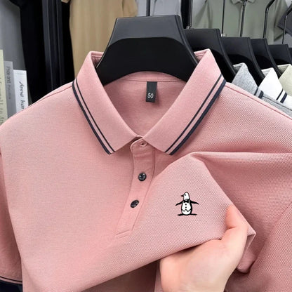 Brand striped men's polo shirt short sleeved penguin print top summer 100% cotton comfortable breathable casual lapel T-shirt