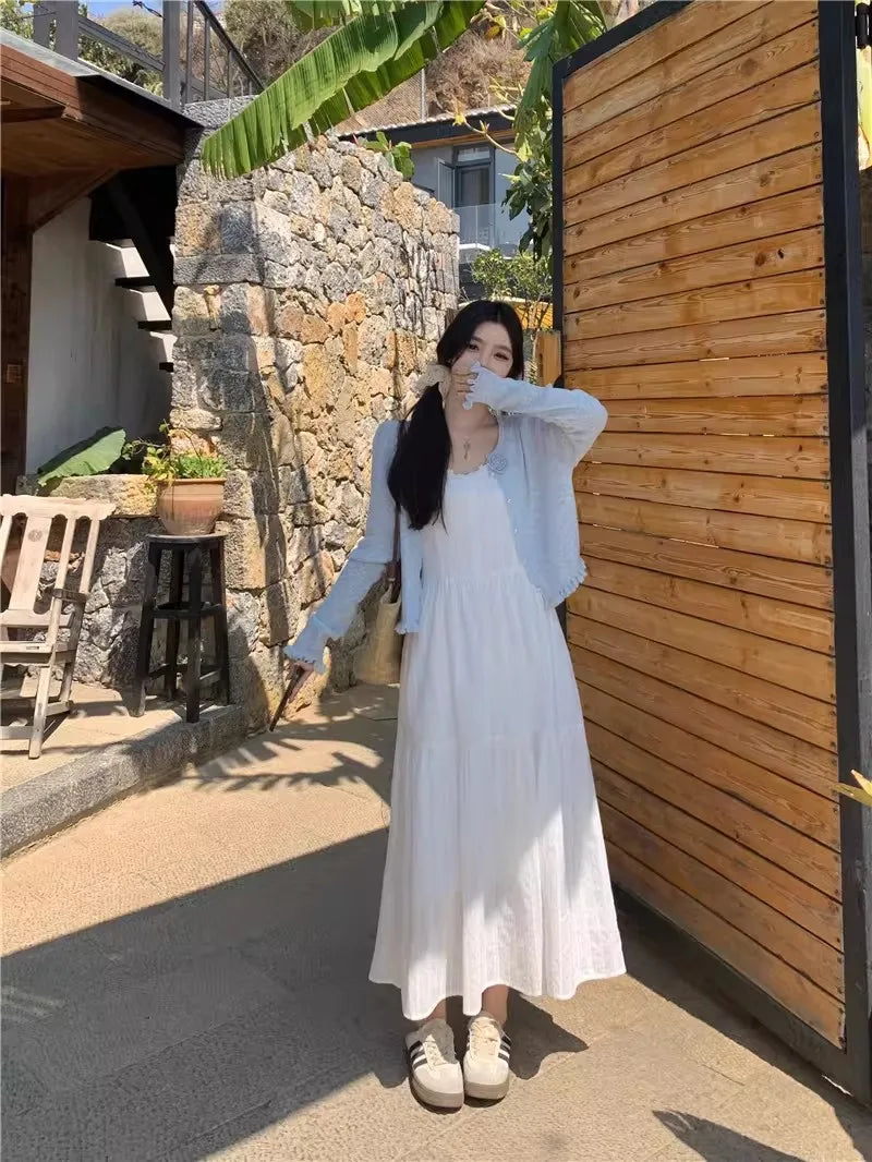 Slimming White Strapless Long Dress Simple French Style A-Line Midi Dress Women's Summer Fashion Sensation Waist-Cinching Dress