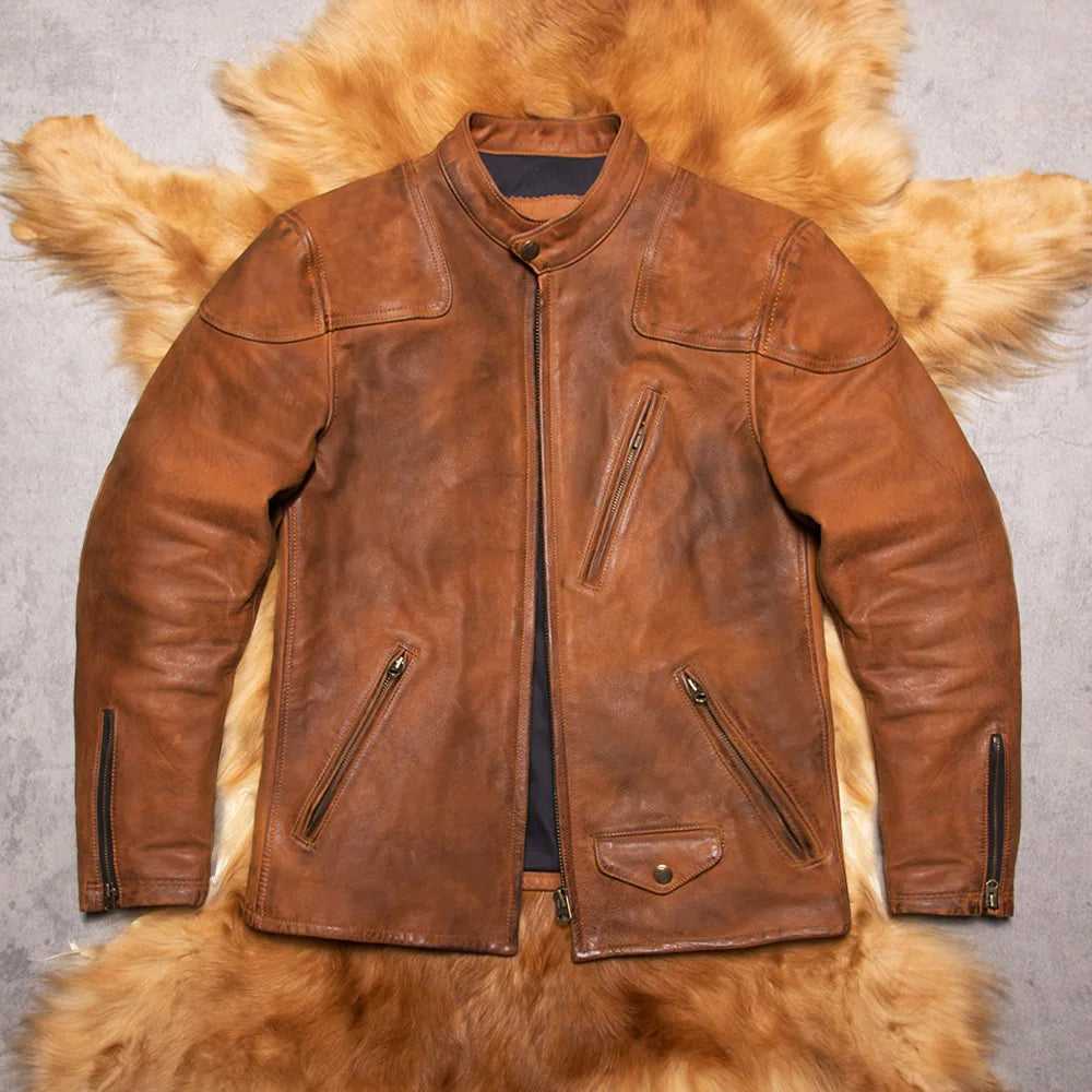American Retro Venom Raw Hide Uncoated Frosted Cowhide Distressed Slim Fit Short Motorcycle Jacket for Men Genuine Real Leather