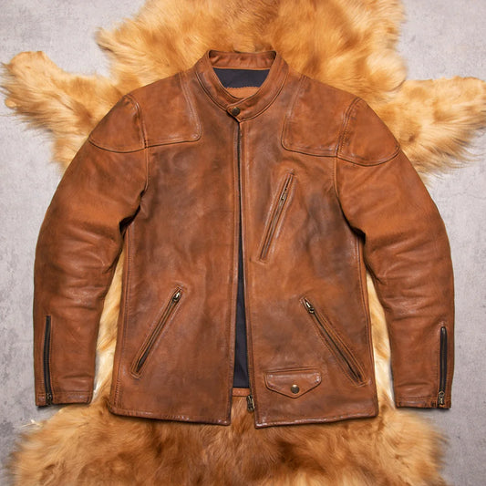 American Retro Venom Raw Hide Uncoated Frosted Cowhide Distressed Slim Fit Short Motorcycle Jacket for Men Genuine Real Leather