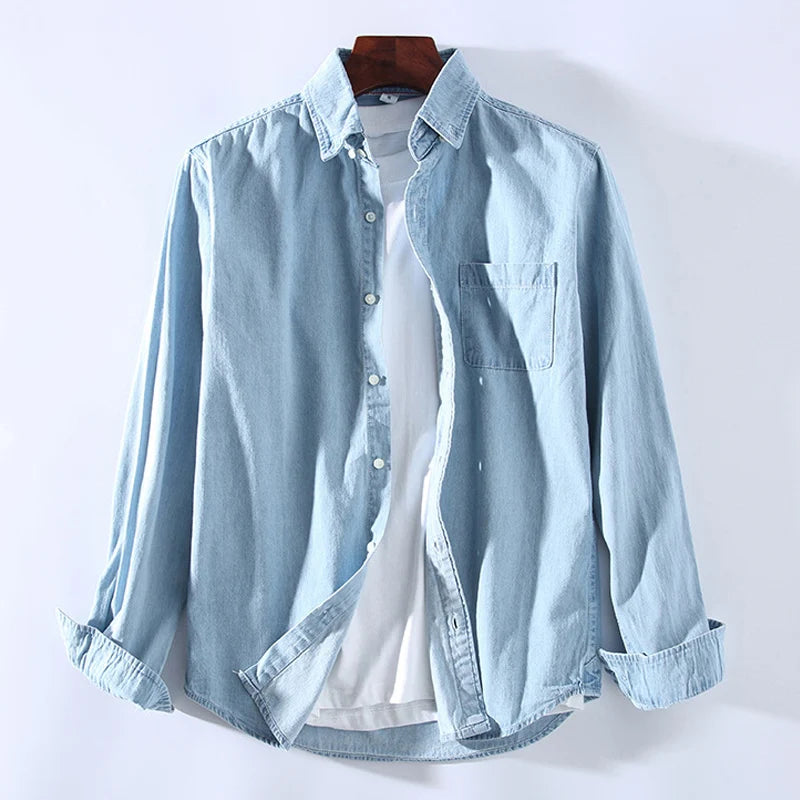 Loose Fit Pure Cotton Long Sleeve Men's Denim Shirt Spring Autumn Casual Style Vintage Trendy Top Outerwear Jacket