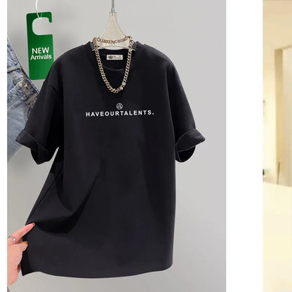 Women's Clothing Cotton T-shirt Spring/Summer Small Letters Short Sleeve Casual Tees Lady Versatile O-neck Basic Large Size Tops