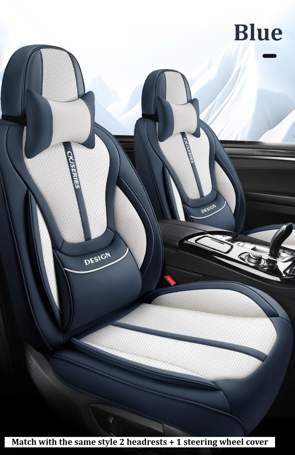 Premium PU Leather Auto Seat Covers Set with Built-in Lumbar Support +2 Headrest Covers +1 Steering Wheel Cover Comfortable