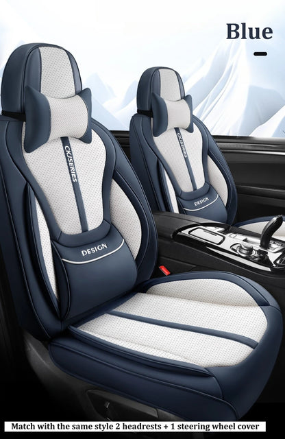 Premium PU Leather Auto Seat Covers Set with Built-in Lumbar Support +2 Headrest Covers +1 Steering Wheel Cover Comfortable