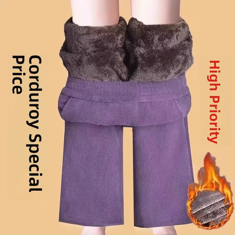 Thickened Fleece Lined Corduroy Straight Leg Casual Pants Women's High Waist Elastic Waist Warm Trousers Autumn Winter New Style