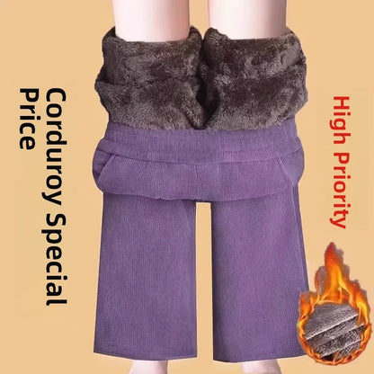 Thickened Fleece Lined Corduroy Straight Leg Casual Pants Women's High Waist Elastic Waist Warm Trousers Autumn Winter New Style