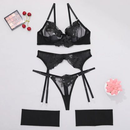 Tornova Sexy Embroidery Lingerie Suit for Women Mesh Patchwork Embroidery Women's Underwear Suit Sexy Garters Mesh Underwear Set