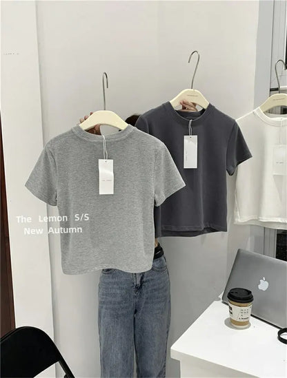 Lemon Women's Loose Short Sleeve T-Shirt Korean Style round Neck Base Shirt Inner Wear Simple Fashion Spring Autumn Top