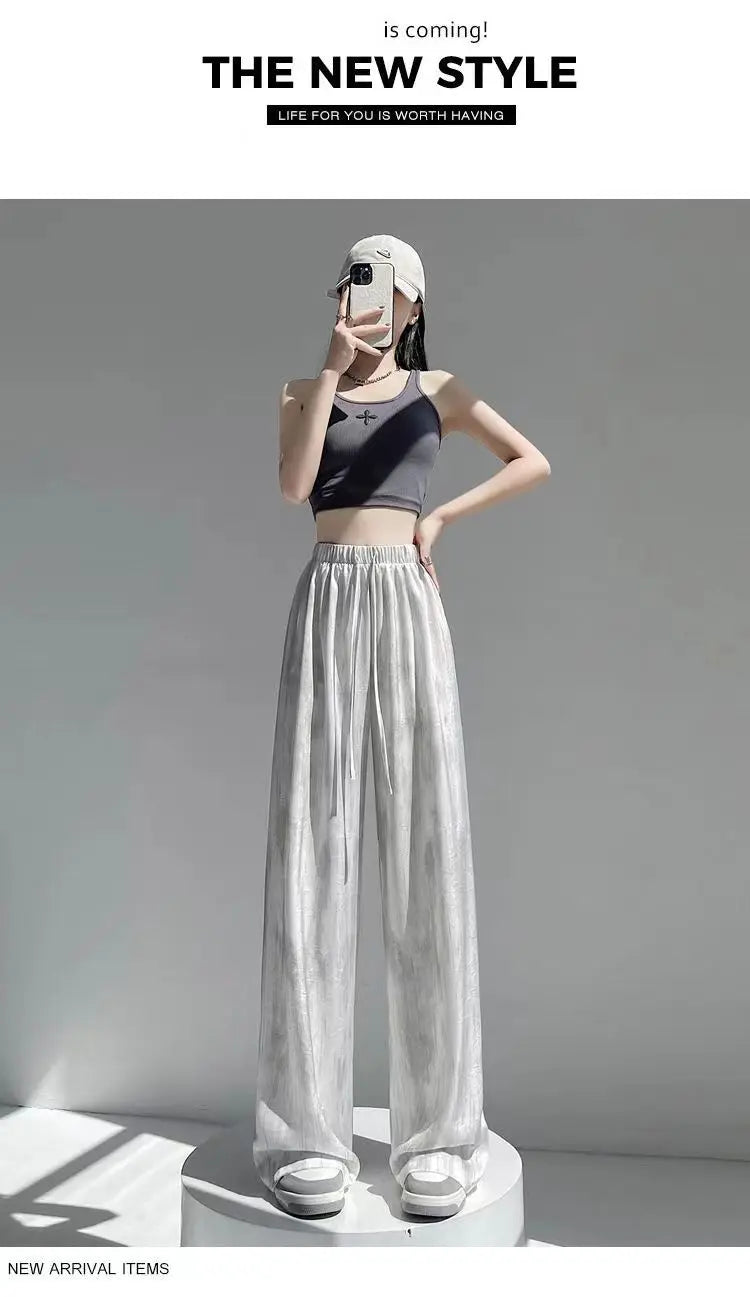 Summer Thin Ice Silk Satin Dyed Wide Leg Pants Women Loose Casual Drape High Waist Slimming Pants Ins Straight Leg Elastic Wa...