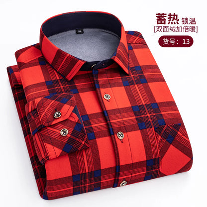 Thickened Flannel Men's Shirt Fashion Warm Plaid Winter Casual Square Collar plus Size Clothing Fleece Lined Double Sided Velvet