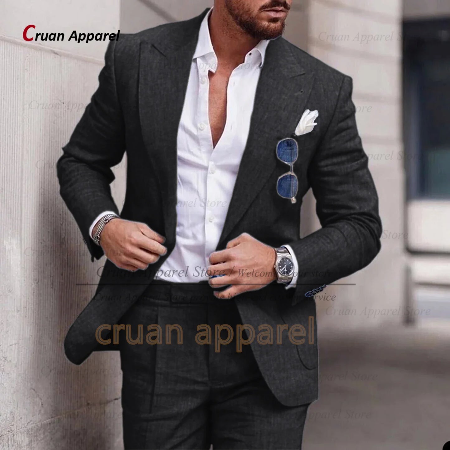 Fashion Sky Blue Linen Suit Set For Male Casual Party Fashion Blazer Pants 2Pieces Wedding Groomsman Formal Peaked Lapel Outfits