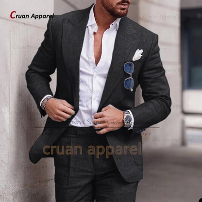 Fashion Sky Blue Linen Suit Set For Male Casual Party Fashion Blazer Pants 2Pieces Wedding Groomsman Formal Peaked Lapel Outfits