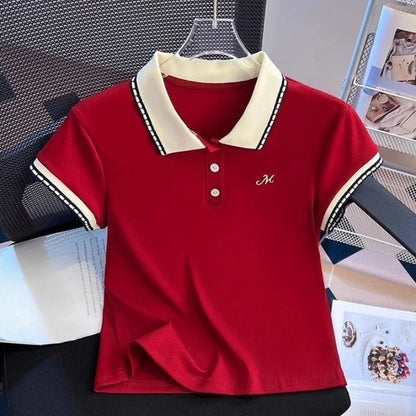 Women's Summer Straight Shoulder Cotton Polo Collar Short Sleeve T Shirt Color Block Slim Fit Slimming Short Top